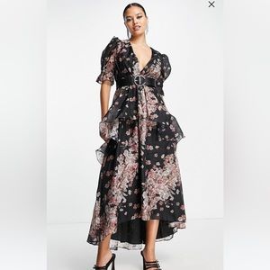 ASOS design dark sleeve viole midi tea dress with puff sleeve and belt